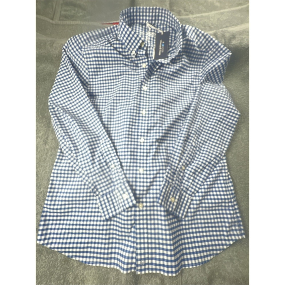 New Vineyard Vines Men's Bay Blue Gingham Classic Fit OTG‎ BRRR Shirt Size Large